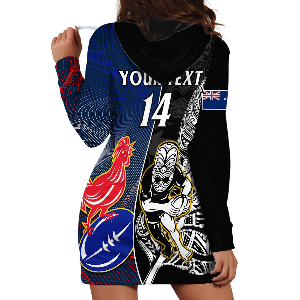 Custom New Zealand And France Rugby Hoodie Dress All Black With Les Bleus Together 2023 World Cup - Vibe Hoodie Shop