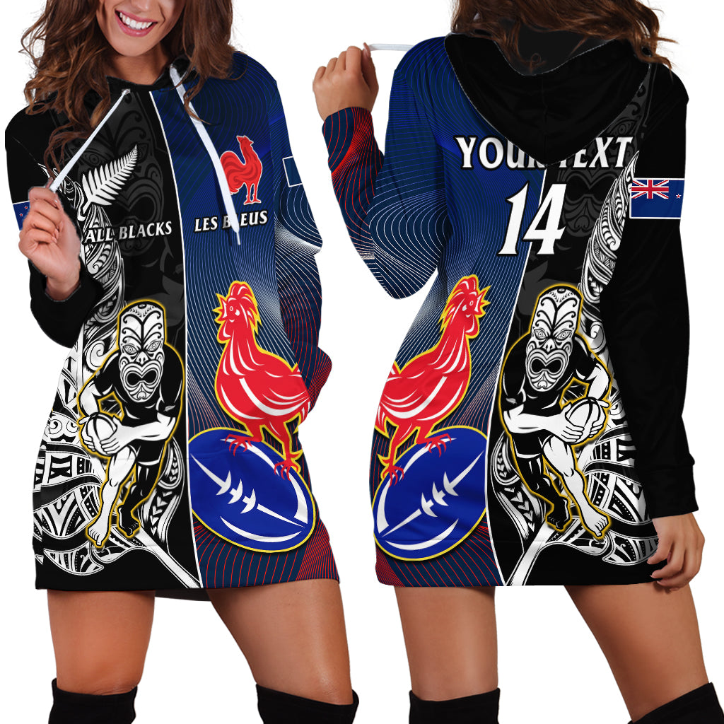 Custom New Zealand And France Rugby Hoodie Dress All Black With Les Bleus Together 2023 World Cup - Vibe Hoodie Shop