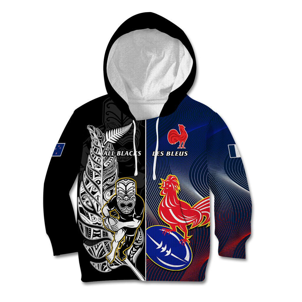 Custom New Zealand And France Rugby Kid Hoodie All Black With Les Bleus Together 2023 World Cup - Vibe Hoodie Shop