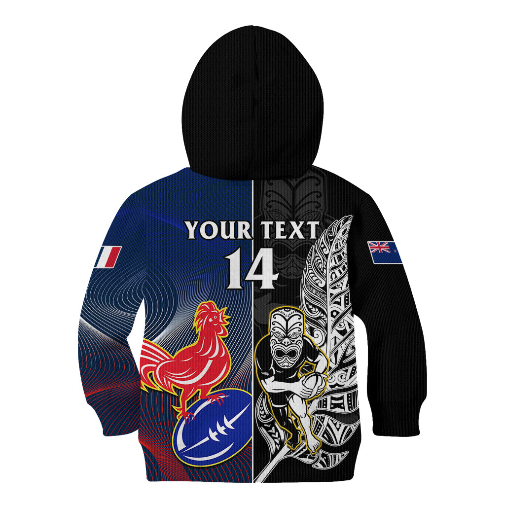 Custom New Zealand And France Rugby Kid Hoodie All Black With Les Bleus Together 2023 World Cup - Vibe Hoodie Shop