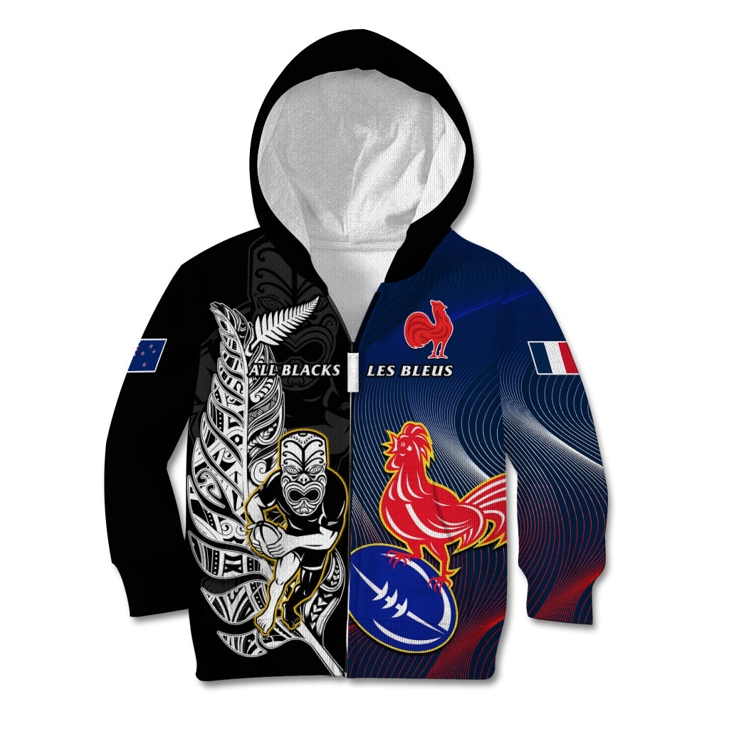 Custom New Zealand And France Rugby Kid Hoodie All Black With Les Bleus Together 2023 World Cup - Vibe Hoodie Shop