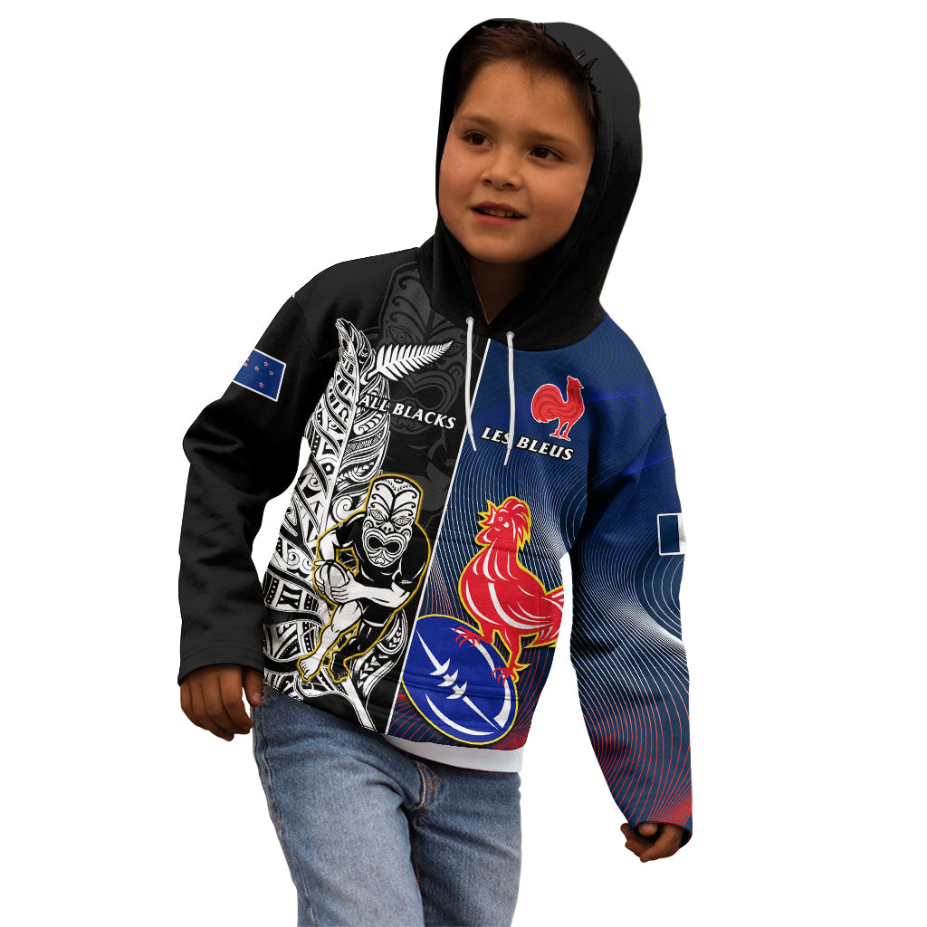 Custom New Zealand And France Rugby Kid Hoodie All Black With Les Bleus Together 2023 World Cup - Vibe Hoodie Shop