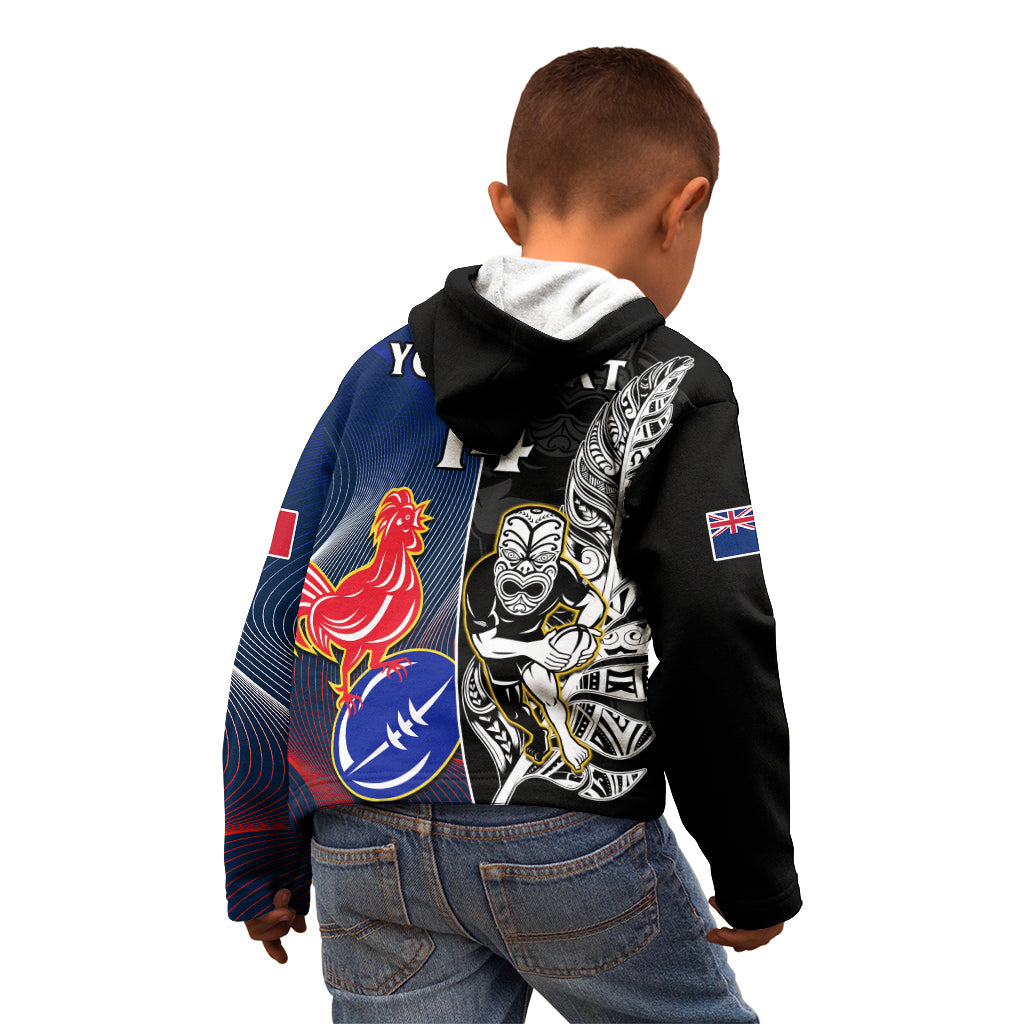 Custom New Zealand And France Rugby Kid Hoodie All Black With Les Bleus Together 2023 World Cup - Vibe Hoodie Shop