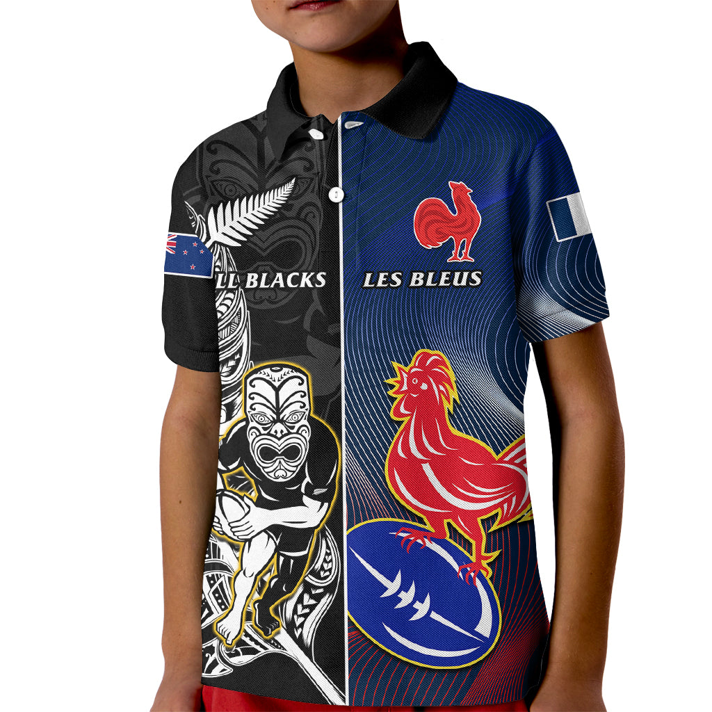 Custom New Zealand And France Rugby Kid Polo Shirt All Black With Les Bleus Together 2023 World Cup - Vibe Hoodie Shop