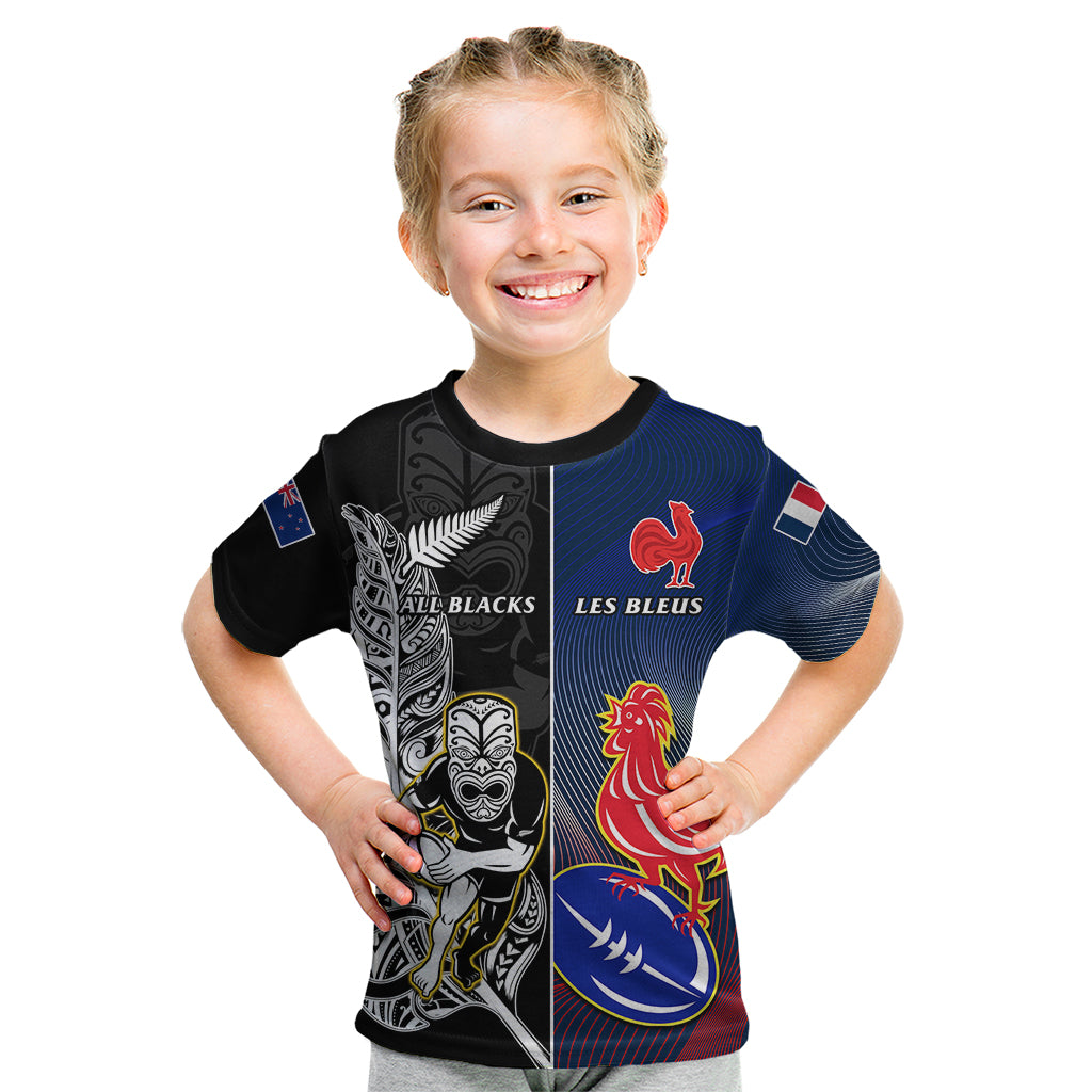 Custom New Zealand And France Rugby Kid T Shirt All Black With Les Bleus Together 2023 World Cup - Vibe Hoodie Shop