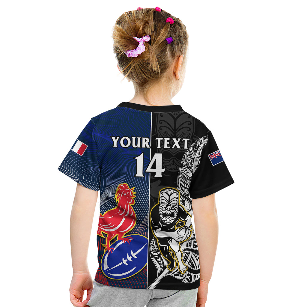 Custom New Zealand And France Rugby Kid T Shirt All Black With Les Bleus Together 2023 World Cup - Vibe Hoodie Shop