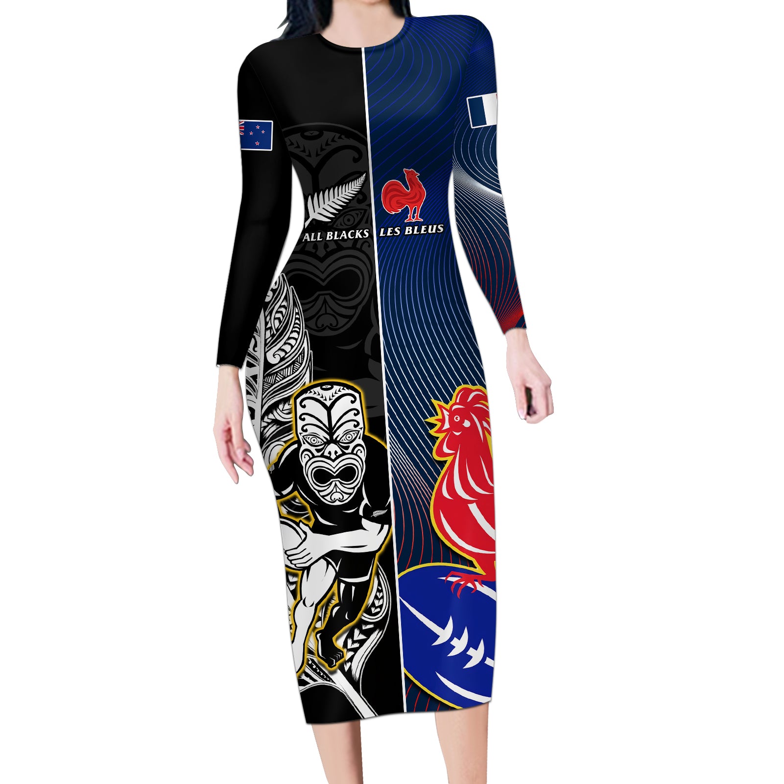 custom-new-zealand-and-france-rugby-long-sleeve-bodycon-dress-all-black-with-les-bleus-together-2023-world-cup