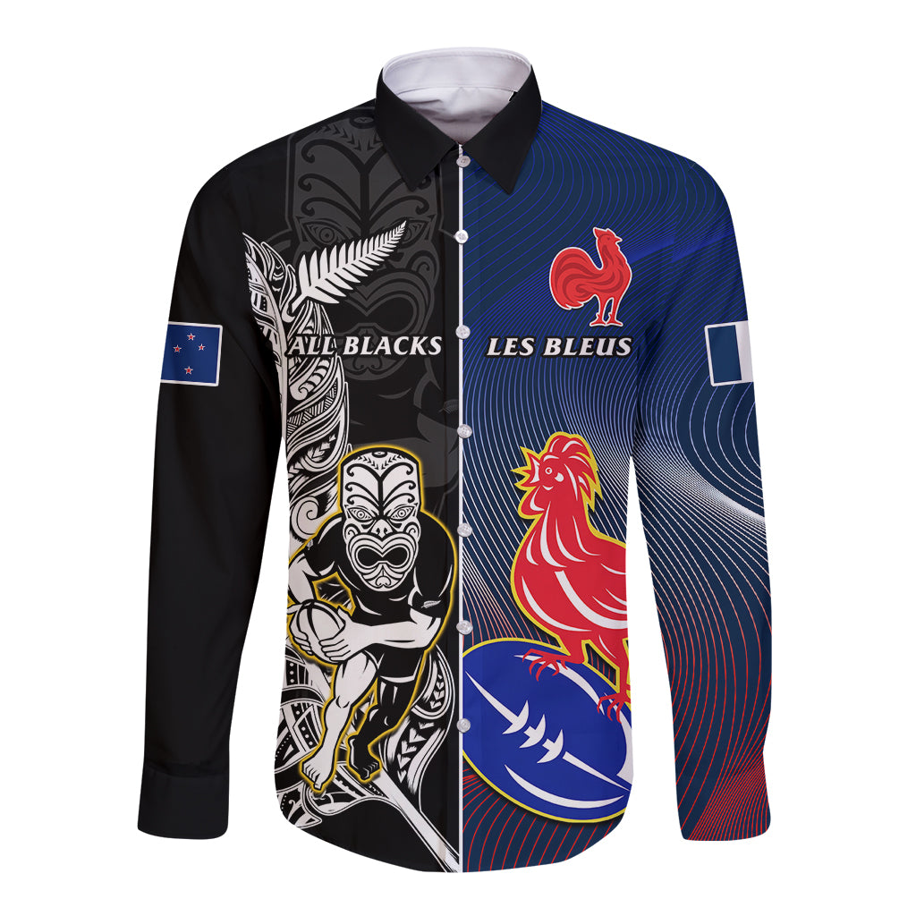 Custom New Zealand And France Rugby Long Sleeve Button Shirt All Black With Les Bleus Together 2023 World Cup - Vibe Hoodie Shop