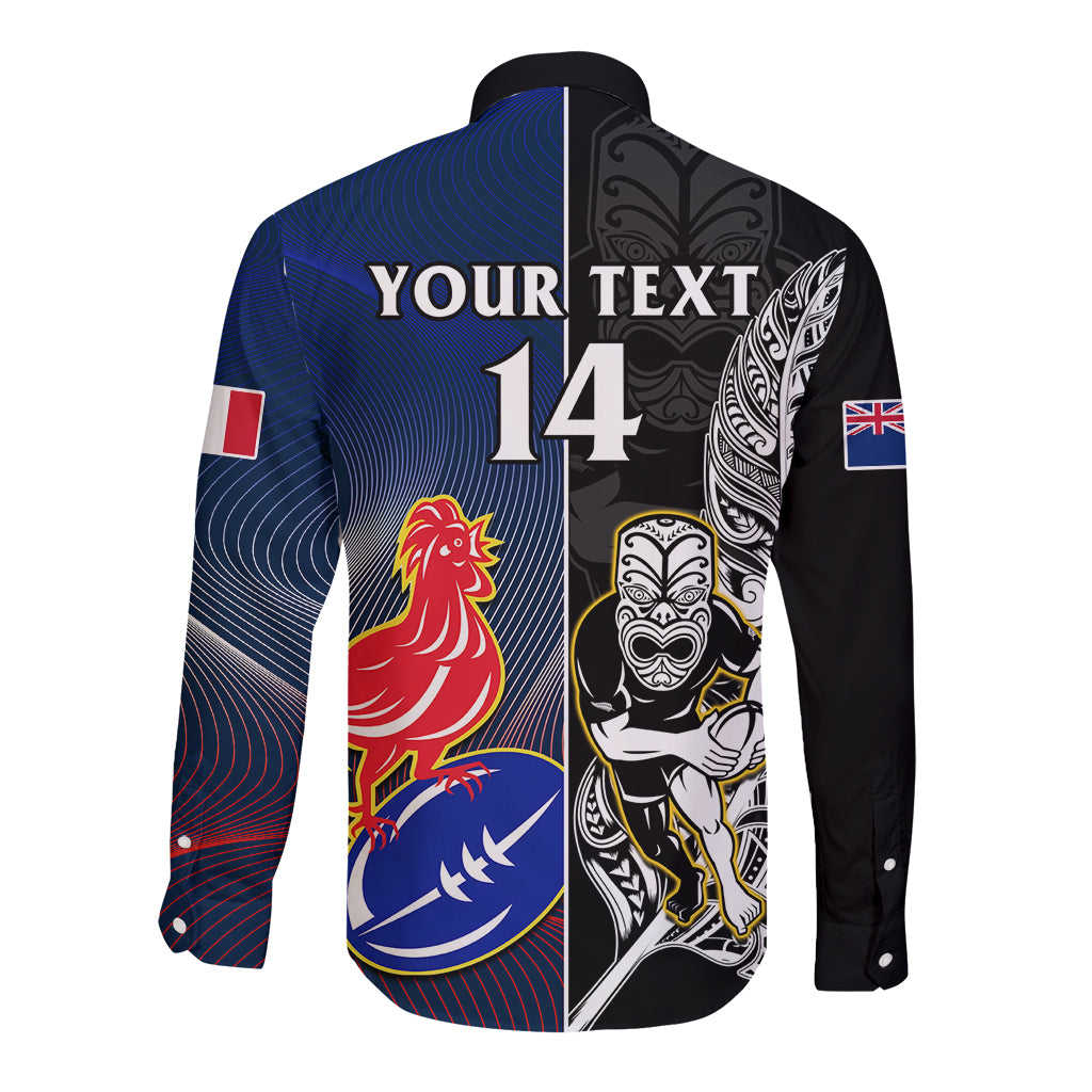 Custom New Zealand And France Rugby Long Sleeve Button Shirt All Black With Les Bleus Together 2023 World Cup - Vibe Hoodie Shop