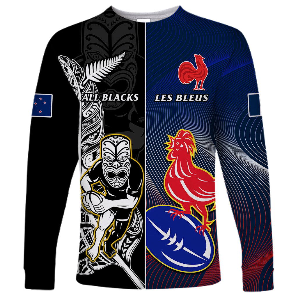 Custom New Zealand And France Rugby Long Sleeve Shirt All Black With Les Bleus Together 2023 World Cup - Vibe Hoodie Shop