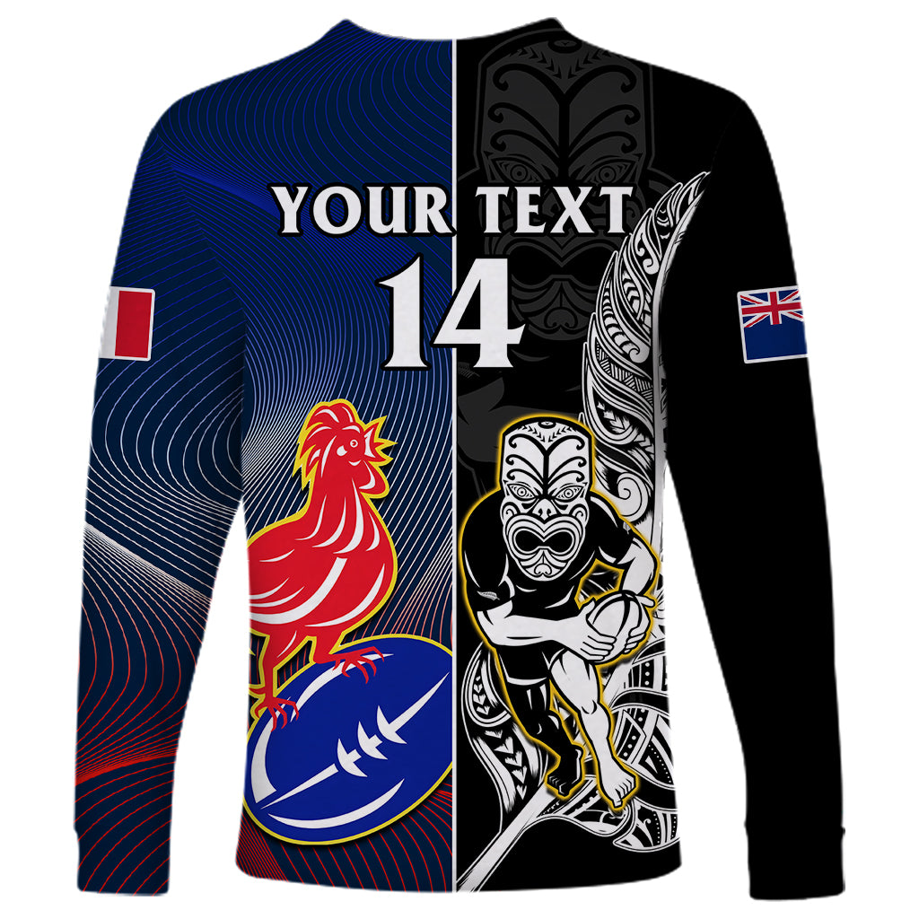 Custom New Zealand And France Rugby Long Sleeve Shirt All Black With Les Bleus Together 2023 World Cup - Vibe Hoodie Shop