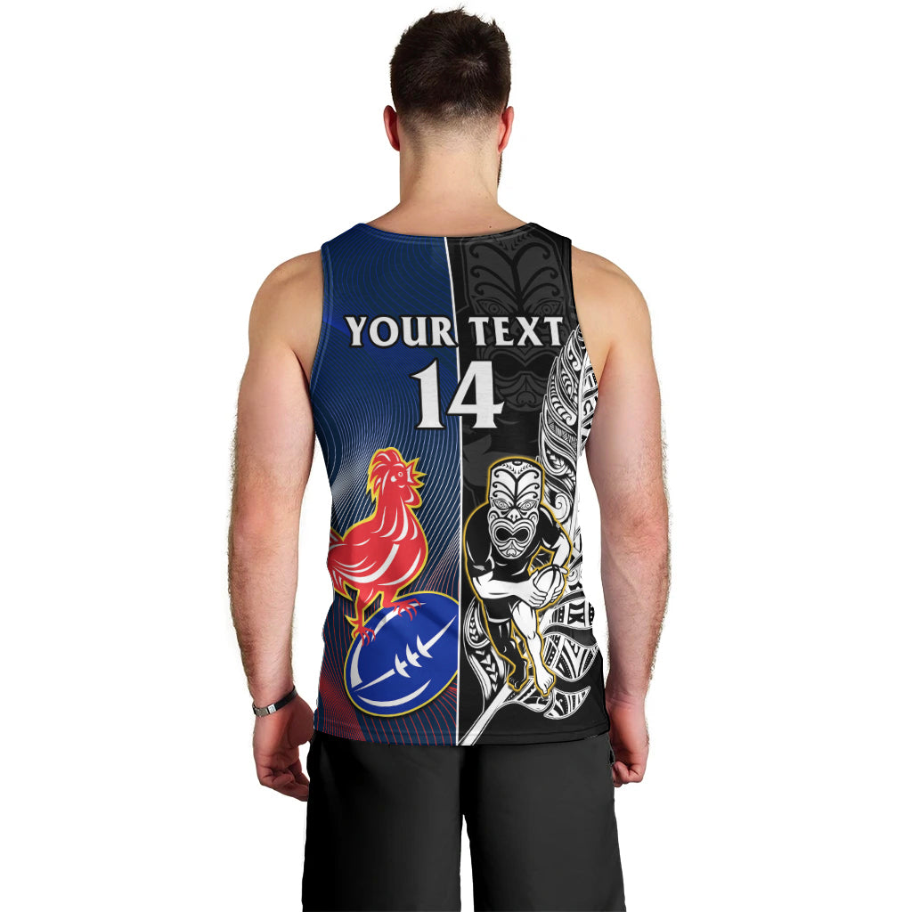 Custom New Zealand And France Rugby Men Tank Top All Black With Les Bleus Together 2023 World Cup - Vibe Hoodie Shop