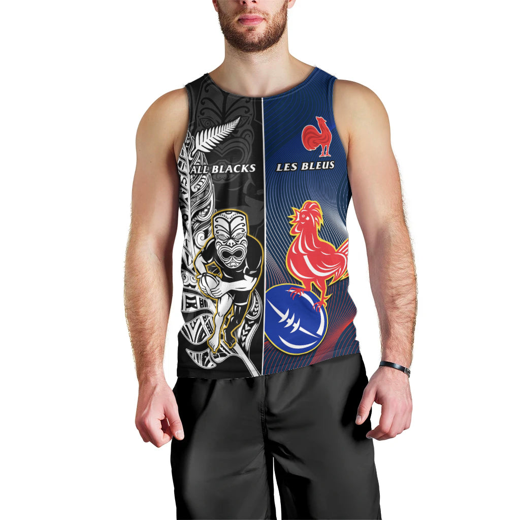 Custom New Zealand And France Rugby Men Tank Top All Black With Les Bleus Together 2023 World Cup - Vibe Hoodie Shop