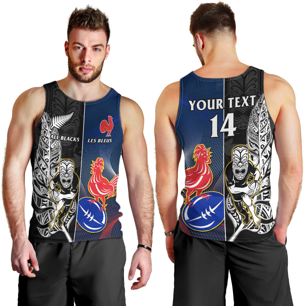 Custom New Zealand And France Rugby Men Tank Top All Black With Les Bleus Together 2023 World Cup - Vibe Hoodie Shop