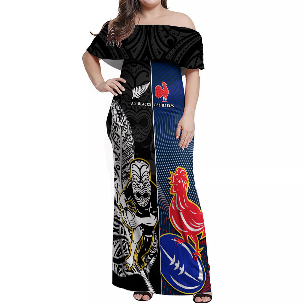 Custom New Zealand And France Rugby Off Shoulder Maxi Dress All Black With Les Bleus Together 2023 World Cup - Vibe Hoodie Shop