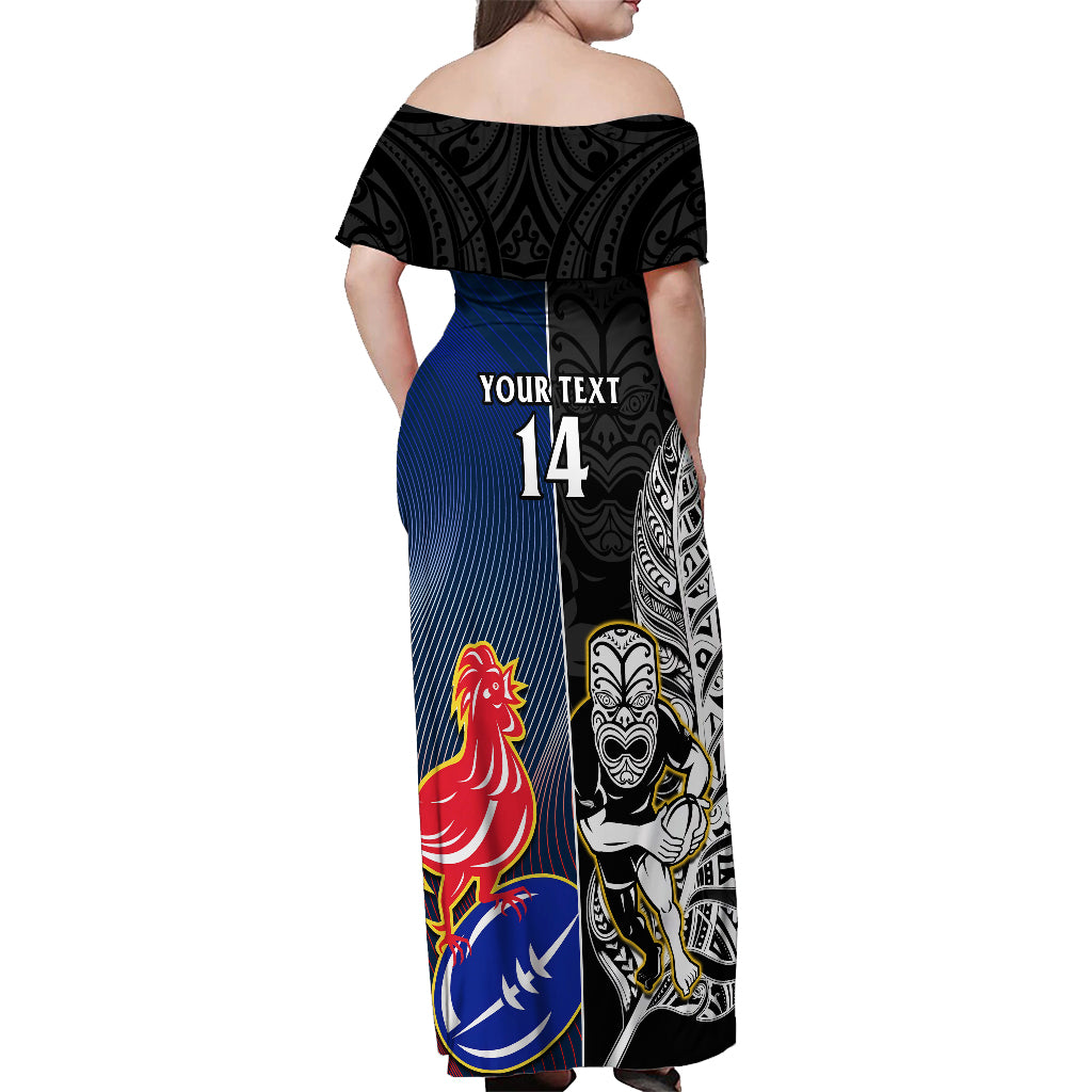 Custom New Zealand And France Rugby Off Shoulder Maxi Dress All Black With Les Bleus Together 2023 World Cup - Vibe Hoodie Shop