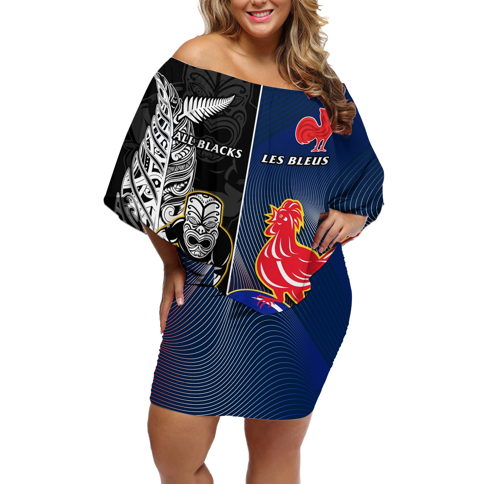 custom-new-zealand-and-france-rugby-off-shoulder-short-dress-all-black-with-les-bleus-together-2023-world-cup