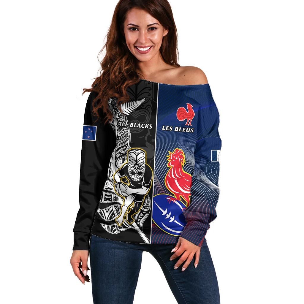 Custom New Zealand And France Rugby Off Shoulder Sweater All Black With Les Bleus Together 2023 World Cup - Vibe Hoodie Shop