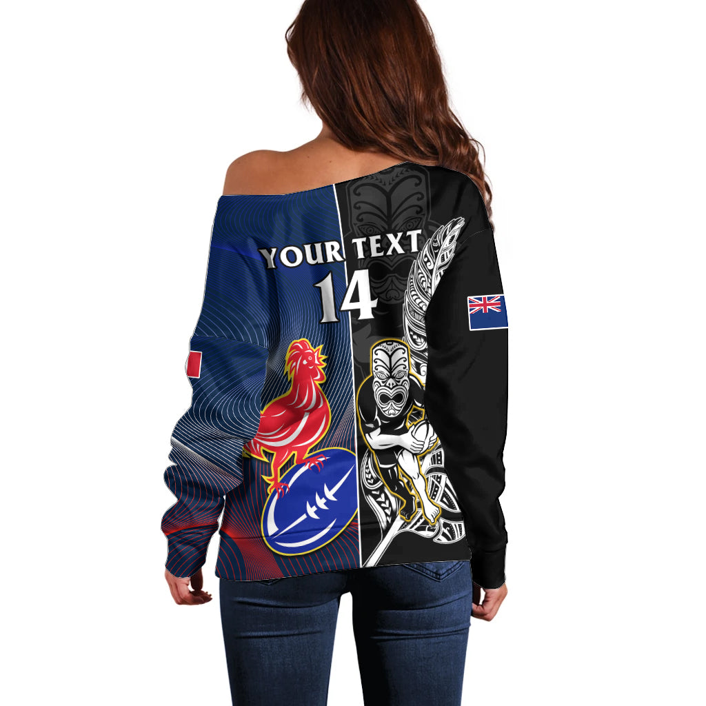 Custom New Zealand And France Rugby Off Shoulder Sweater All Black With Les Bleus Together 2023 World Cup - Vibe Hoodie Shop