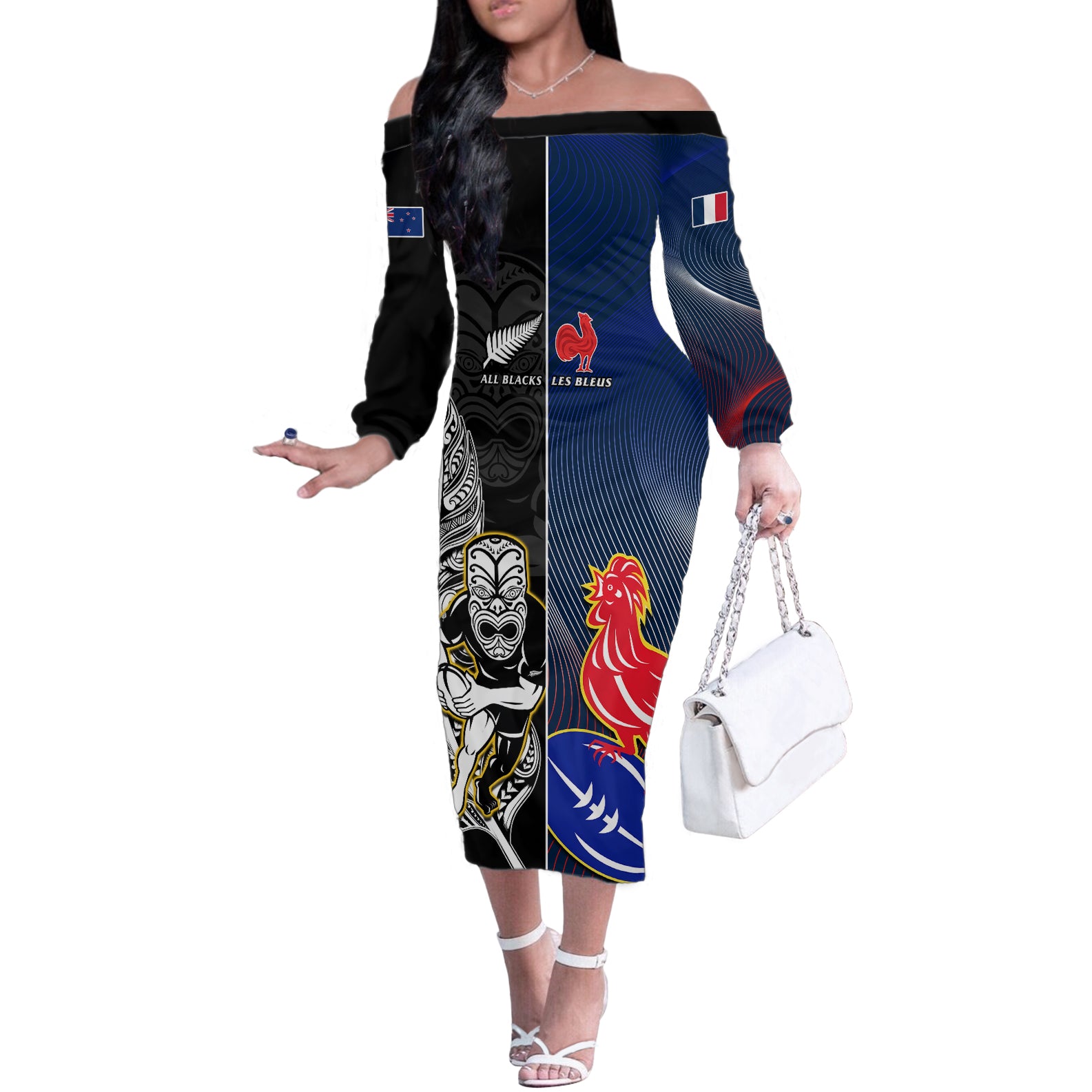 custom-new-zealand-and-france-rugby-off-the-shoulder-long-sleeve-dress-all-black-with-les-bleus-together-2023-world-cup