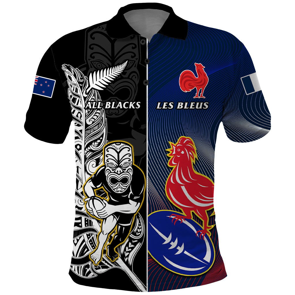 Custom New Zealand And France Rugby Polo Shirt All Black With Les Bleus Together 2023 World Cup - Vibe Hoodie Shop