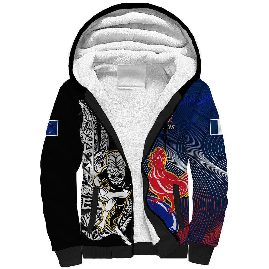 Custom New Zealand And France Rugby Sherpa Hoodie All Black With Les Bleus Together 2023 World Cup - Vibe Hoodie Shop