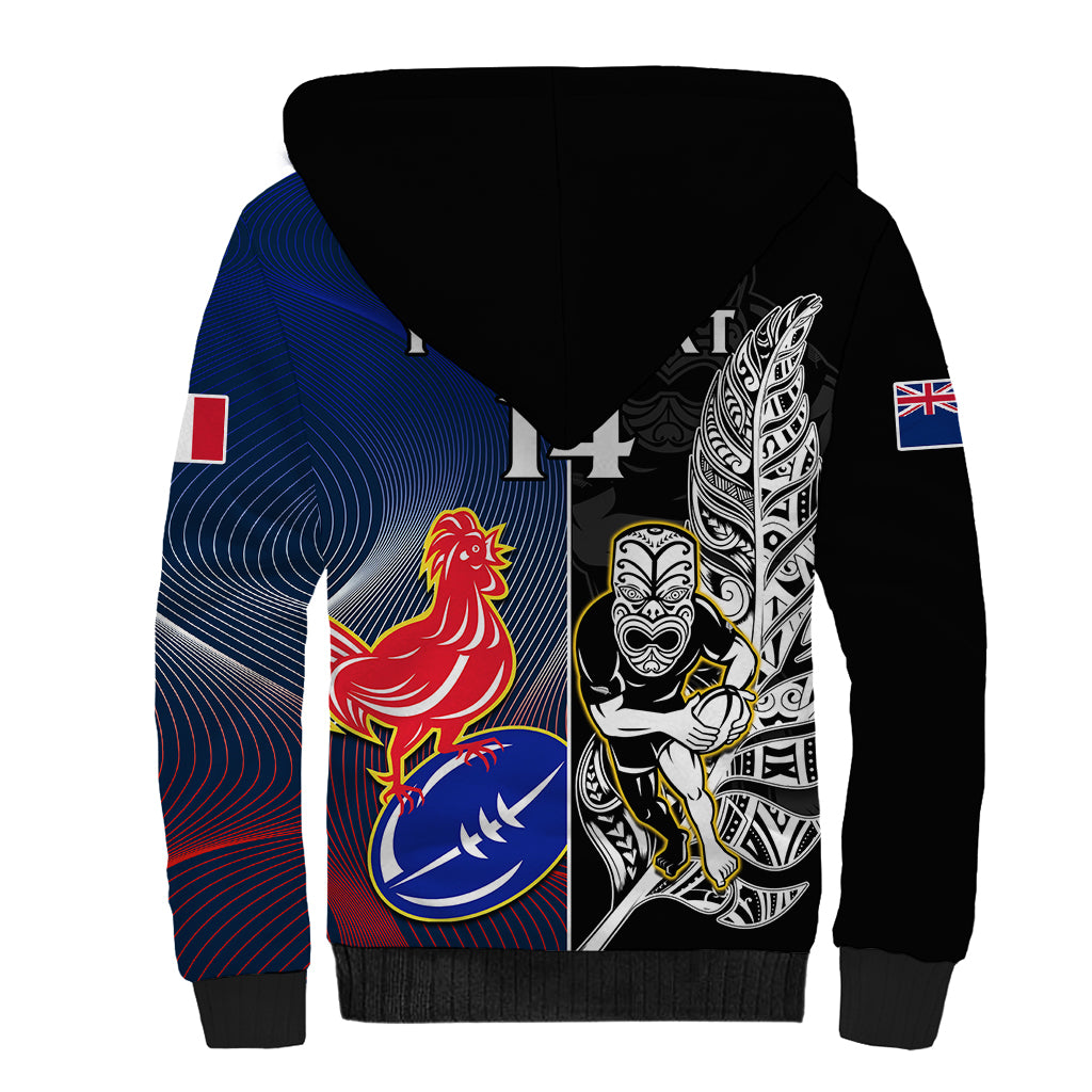 Custom New Zealand And France Rugby Sherpa Hoodie All Black With Les Bleus Together 2023 World Cup - Vibe Hoodie Shop