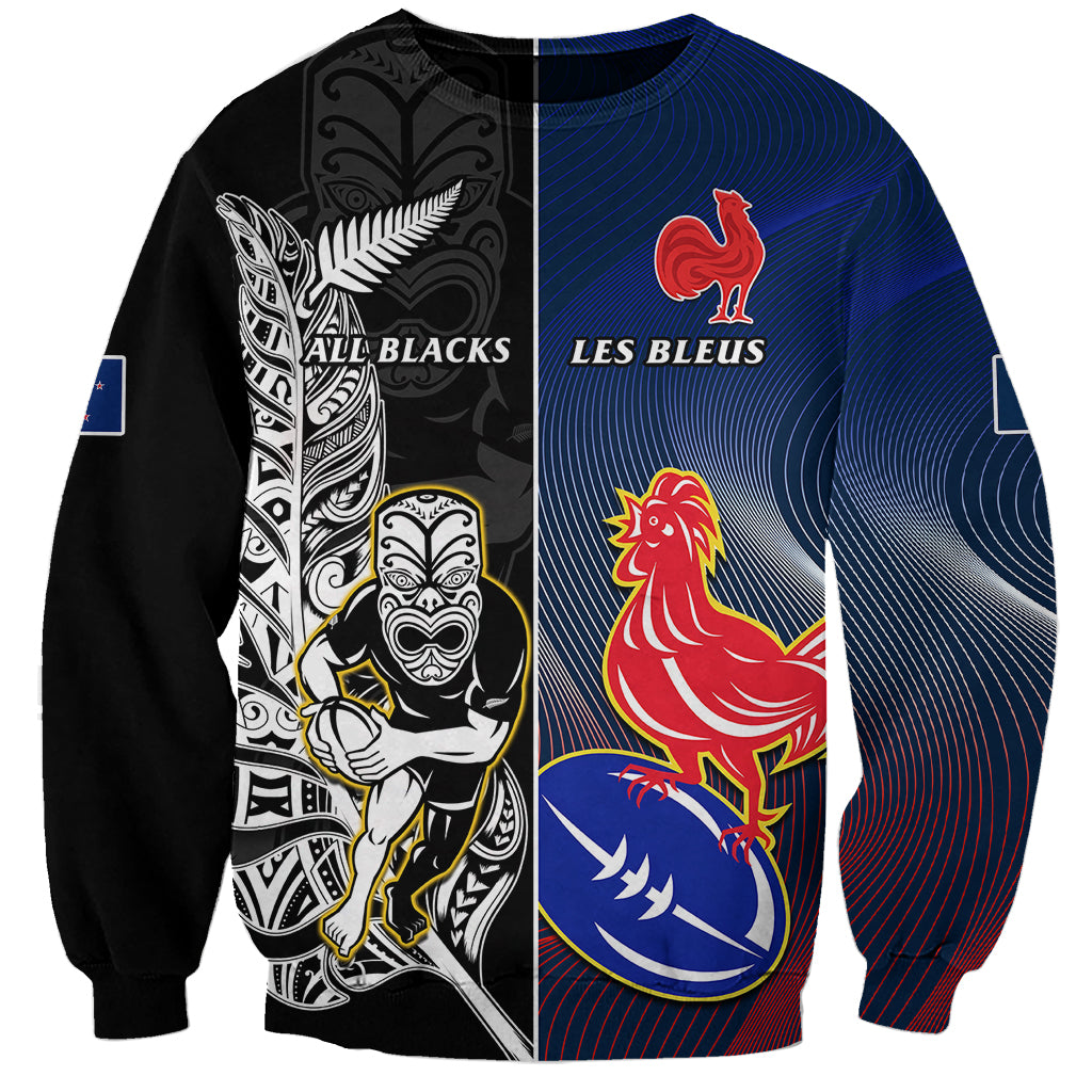 Custom New Zealand And France Rugby Sweatshirt All Black With Les Bleus Together 2023 World Cup - Vibe Hoodie Shop