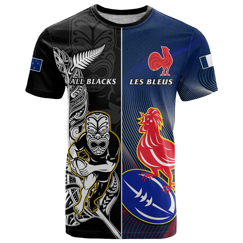 Custom New Zealand And France Rugby T Shirt All Black With Les Bleus Together 2023 World Cup - Vibe Hoodie Shop