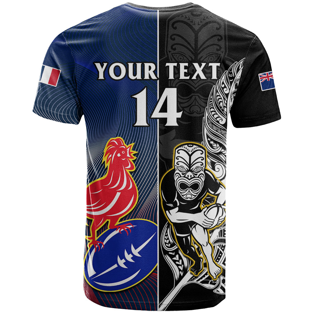 Custom New Zealand And France Rugby T Shirt All Black With Les Bleus Together 2023 World Cup - Vibe Hoodie Shop