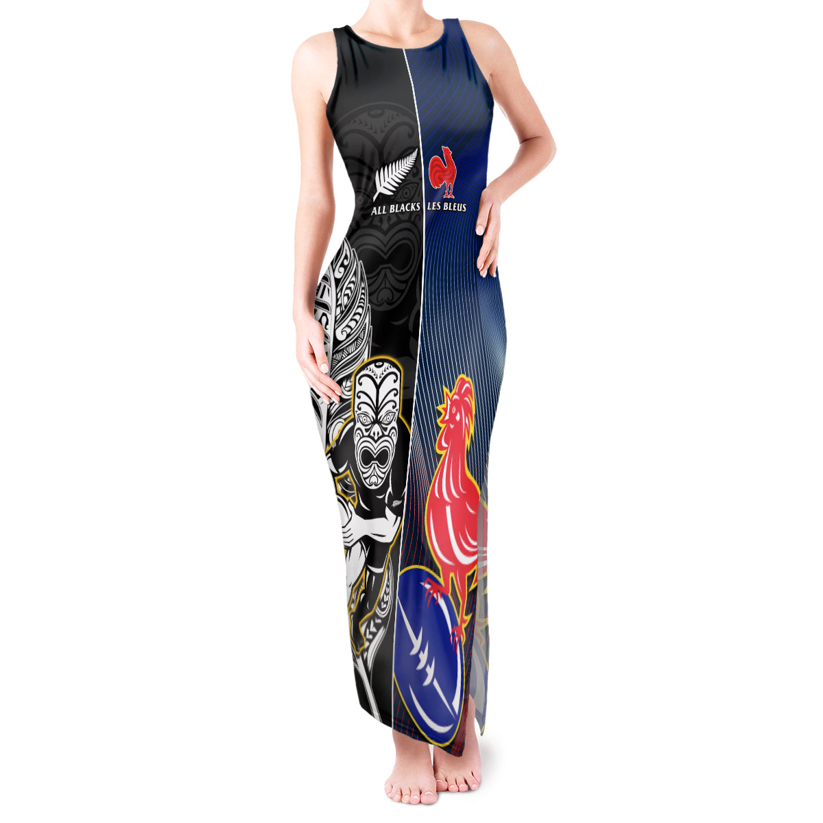 custom-new-zealand-and-france-rugby-tank-maxi-dress-all-black-with-les-bleus-together-2023-world-cup