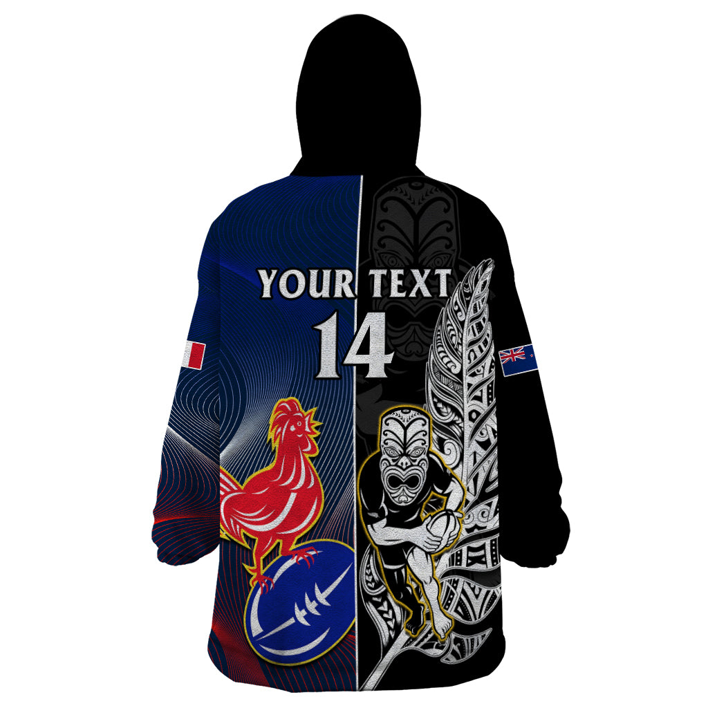 Custom New Zealand And France Rugby Wearable Blanket Hoodie All Black With Les Bleus Together 2023 World Cup - Vibe Hoodie Shop