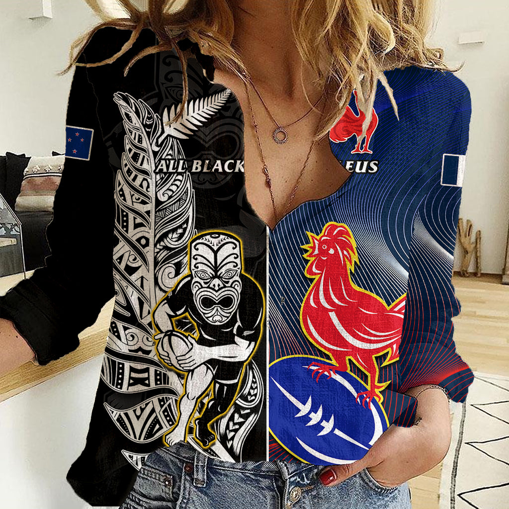 Custom New Zealand And France Rugby Women Casual Shirt All Black With Les Bleus Together 2023 World Cup - Vibe Hoodie Shop