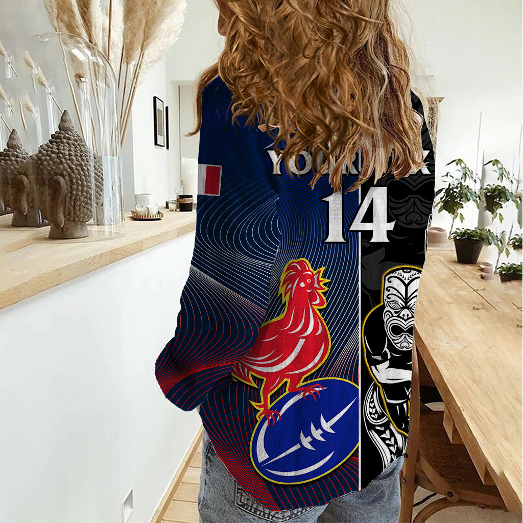 Custom New Zealand And France Rugby Women Casual Shirt All Black With Les Bleus Together 2023 World Cup - Vibe Hoodie Shop