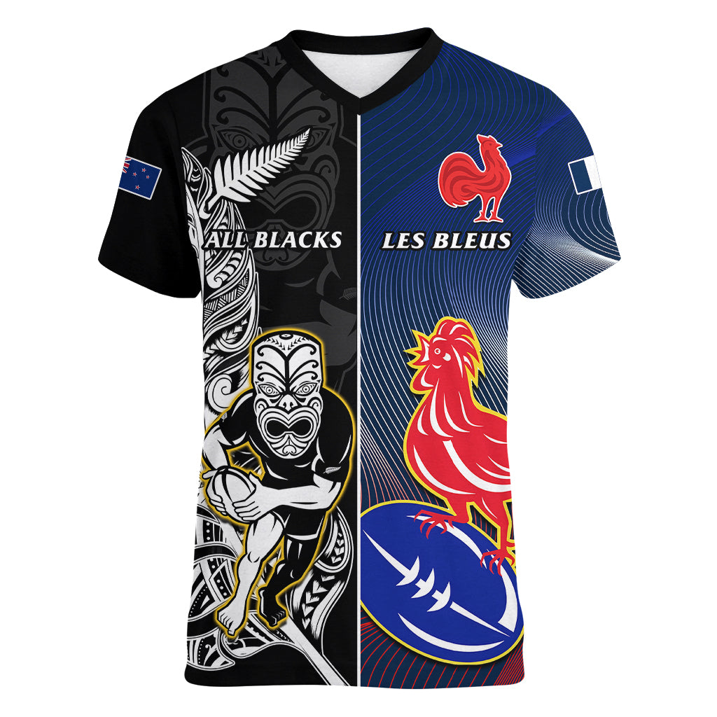 Custom New Zealand And France Rugby Women V Neck T Shirt All Black With Les Bleus Together 2023 World Cup - Vibe Hoodie Shop