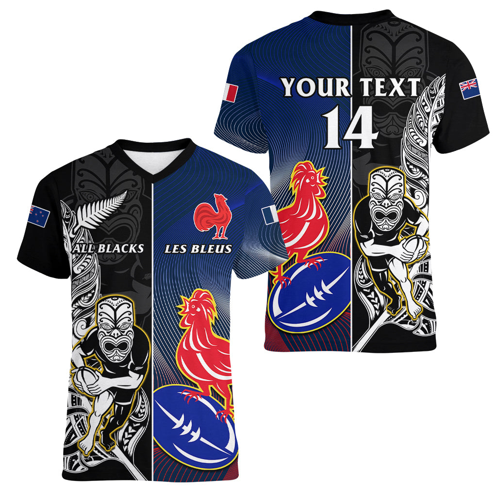 Custom New Zealand And France Rugby Women V Neck T Shirt All Black With Les Bleus Together 2023 World Cup - Vibe Hoodie Shop