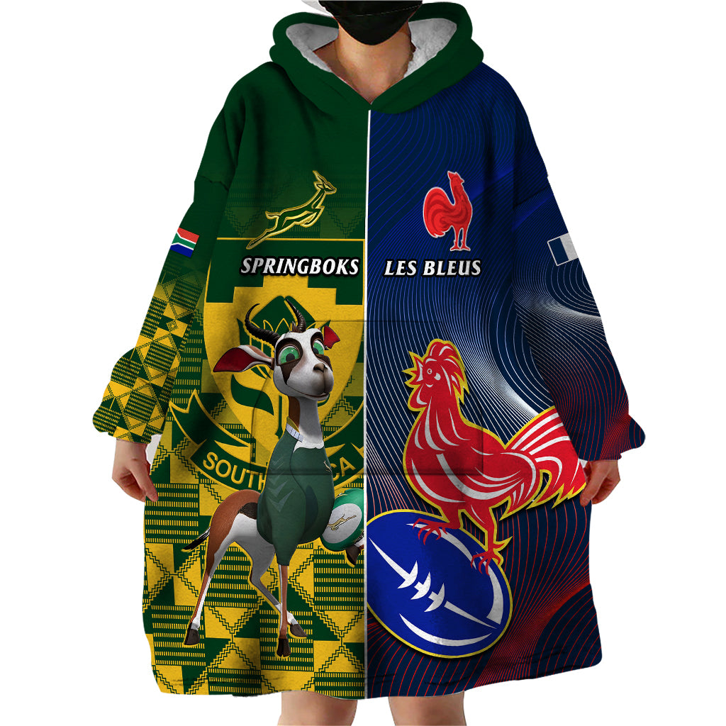 South Africa And France Rugby Wearable Blanket Hoodie Springboks With Les Bleus Together 2023 World Cup - Vibe Hoodie Shop