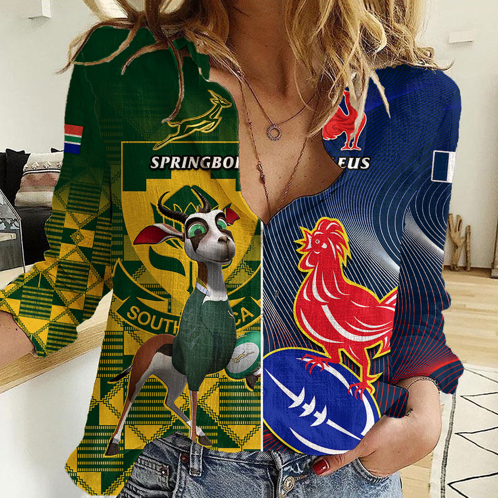 Custom South Africa And France Rugby Women Casual Shirt Springboks With Les Bleus Together 2023 World Cup - Vibe Hoodie Shop