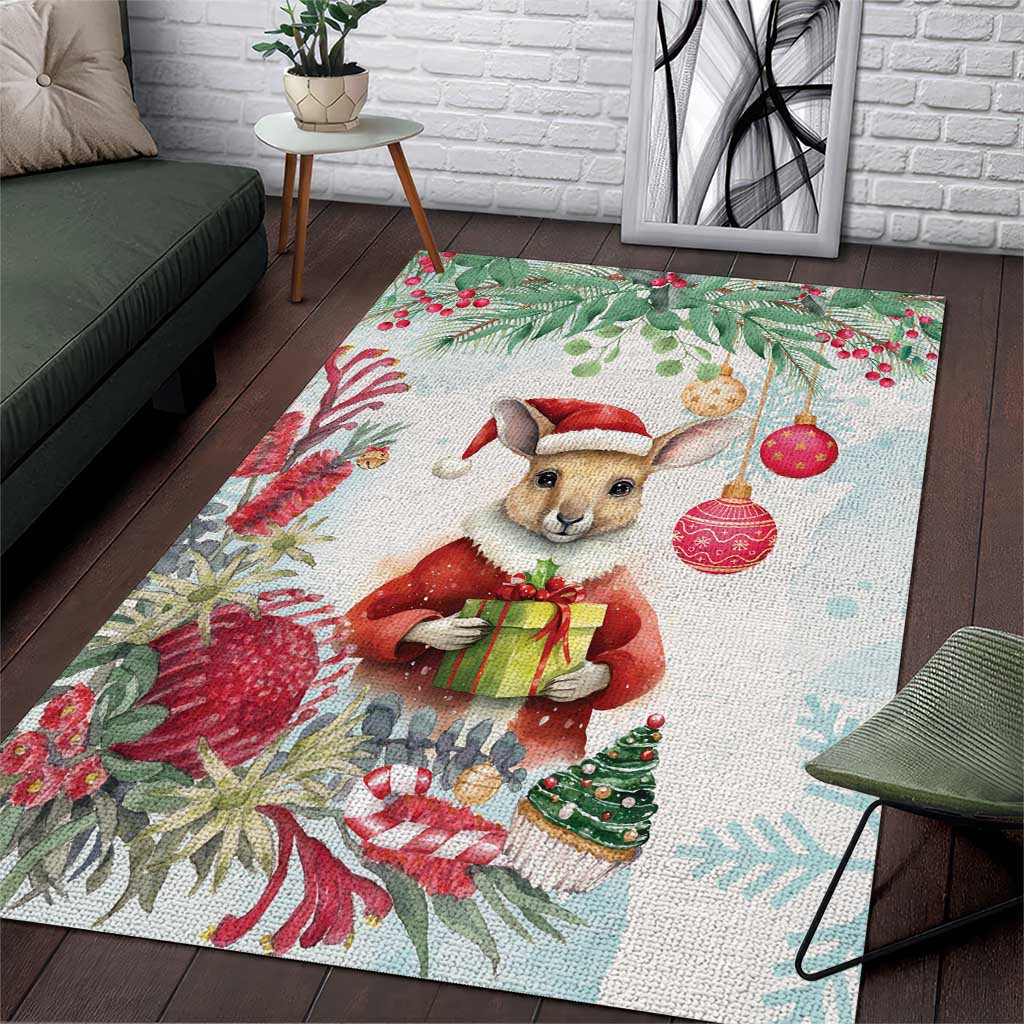 Australia Christmas Area Rug Kangaroo Santa With Aussie Flower - Watercolor - Vibe Hoodie Shop