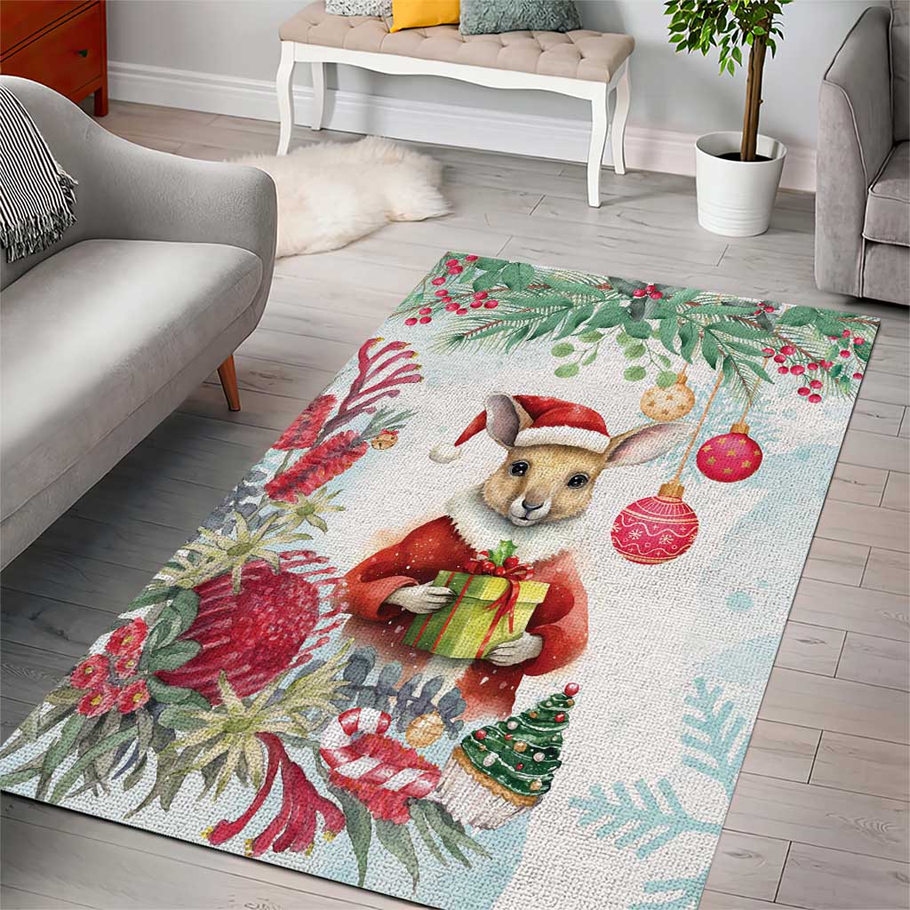 Australia Christmas Area Rug Kangaroo Santa With Aussie Flower - Watercolor - Vibe Hoodie Shop