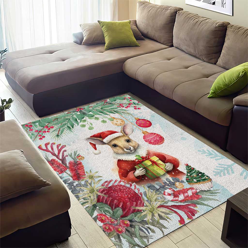 Australia Christmas Area Rug Kangaroo Santa With Aussie Flower - Watercolor - Vibe Hoodie Shop