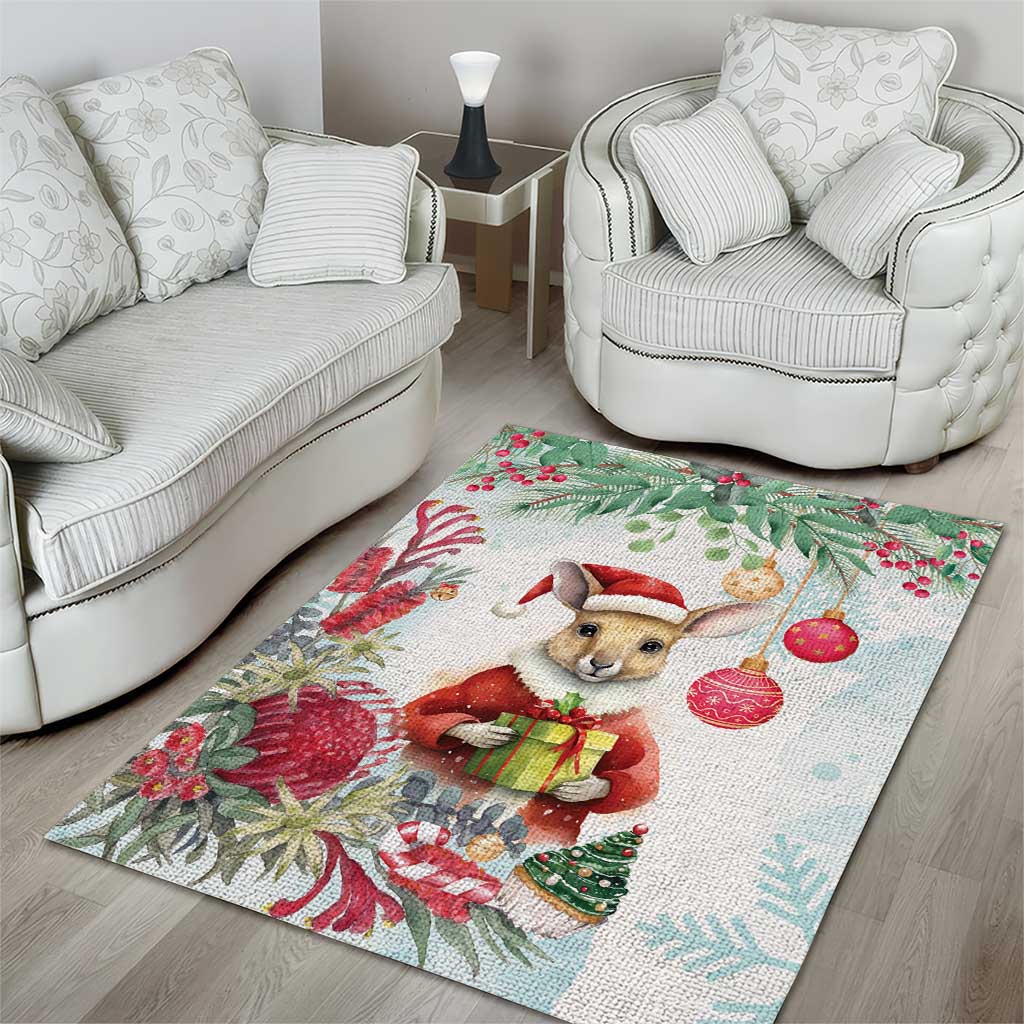 Australia Christmas Area Rug Kangaroo Santa With Aussie Flower - Watercolor - Vibe Hoodie Shop