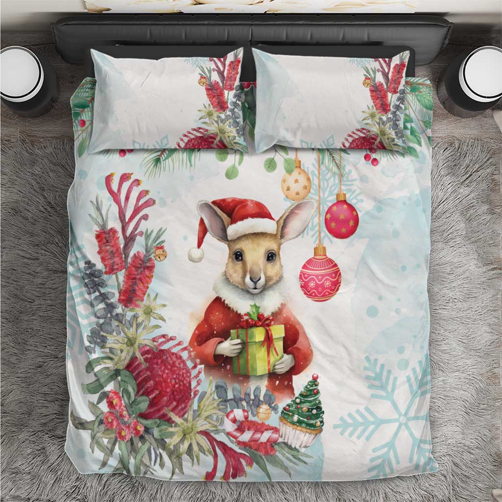 Australia Christmas Bedding Set Kangaroo Santa With Aussie Flower - Watercolor - Vibe Hoodie Shop