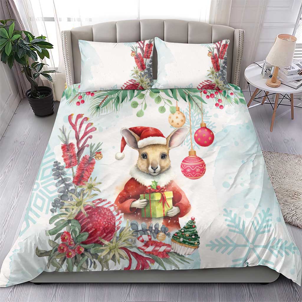 Australia Christmas Bedding Set Kangaroo Santa With Aussie Flower - Watercolor - Vibe Hoodie Shop