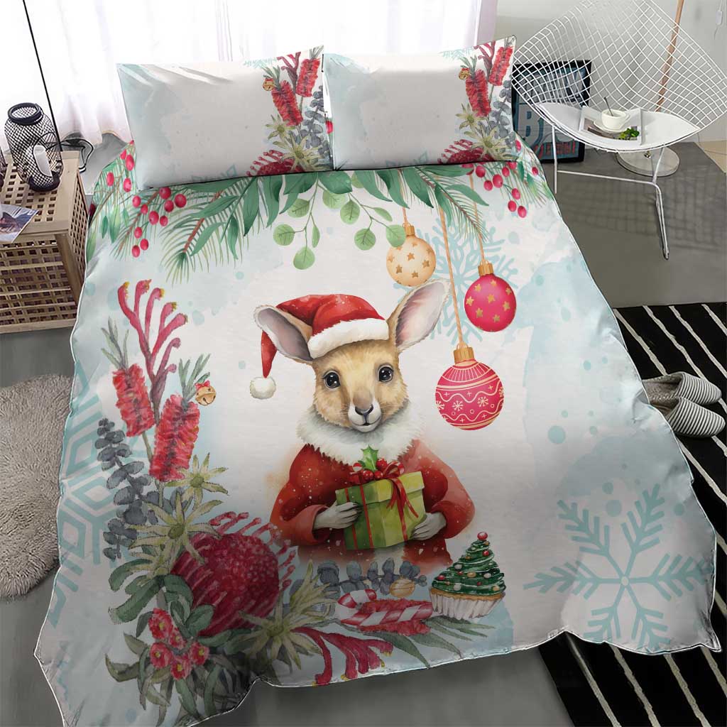 Australia Christmas Bedding Set Kangaroo Santa With Aussie Flower - Watercolor - Vibe Hoodie Shop