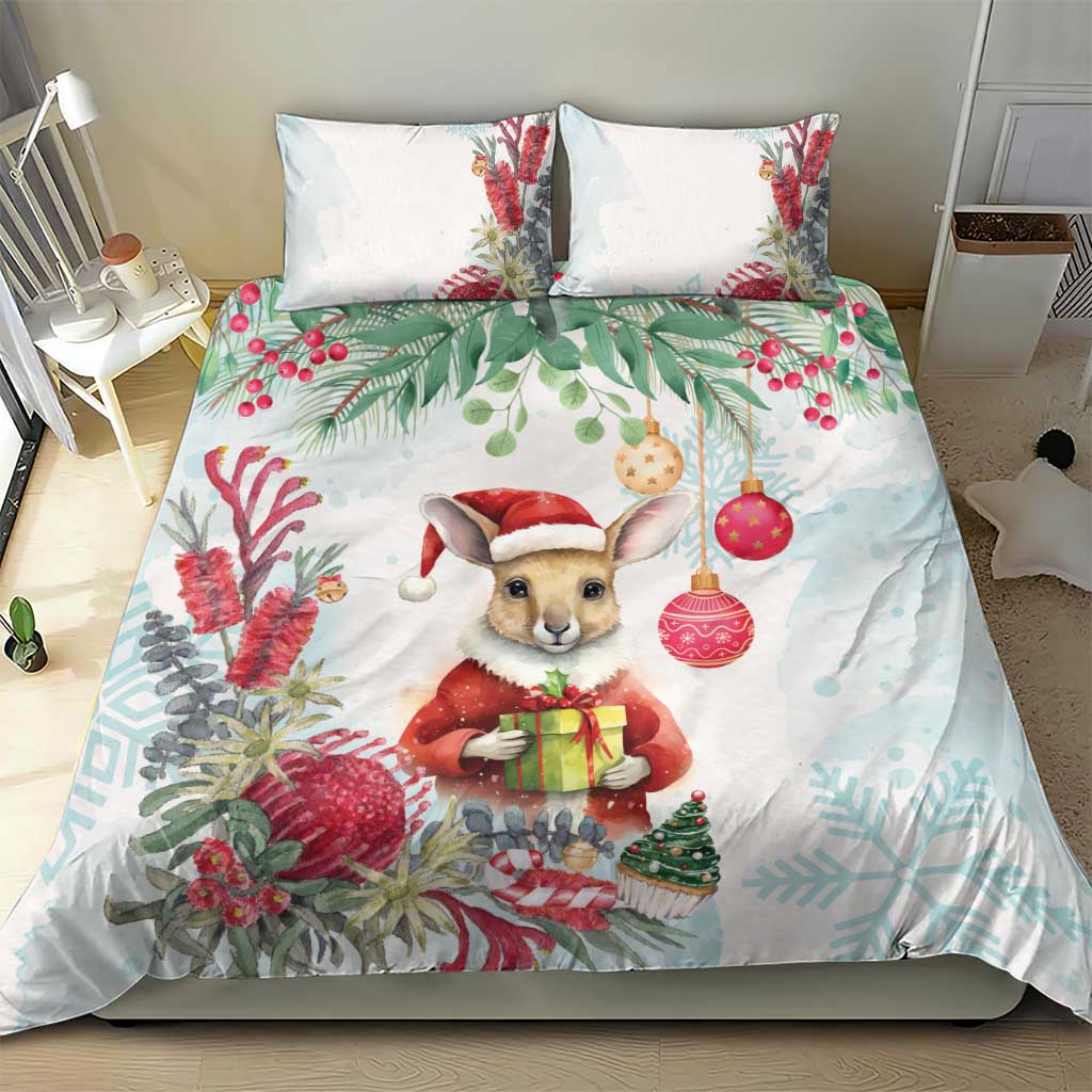 Australia Christmas Bedding Set Kangaroo Santa With Aussie Flower - Watercolor - Vibe Hoodie Shop