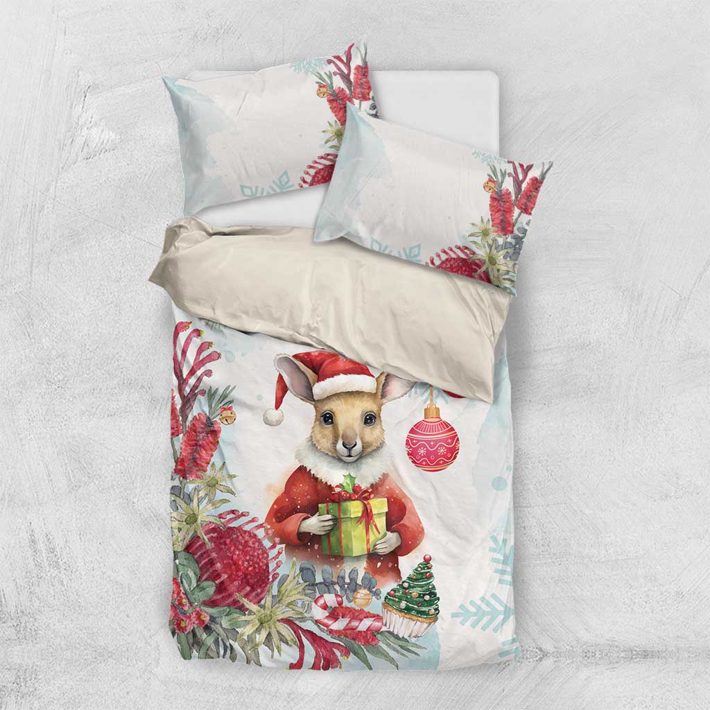 Australia Christmas Bedding Set Kangaroo Santa With Aussie Flower - Watercolor - Vibe Hoodie Shop