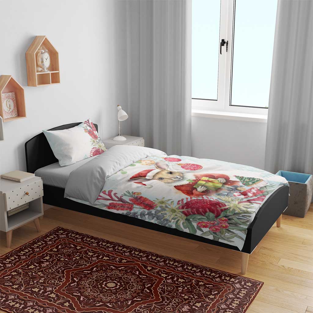 Australia Christmas Bedding Set Kangaroo Santa With Aussie Flower - Watercolor - Vibe Hoodie Shop