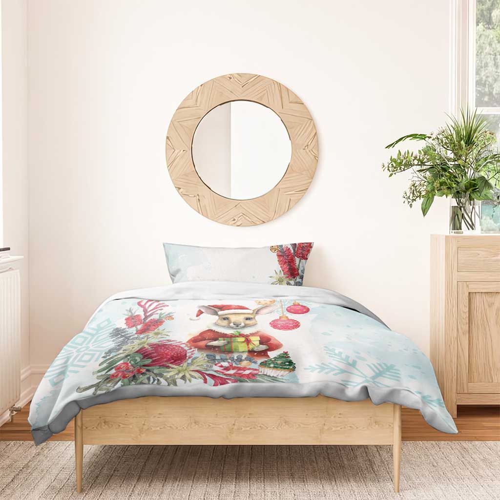 Australia Christmas Bedding Set Kangaroo Santa With Aussie Flower - Watercolor - Vibe Hoodie Shop