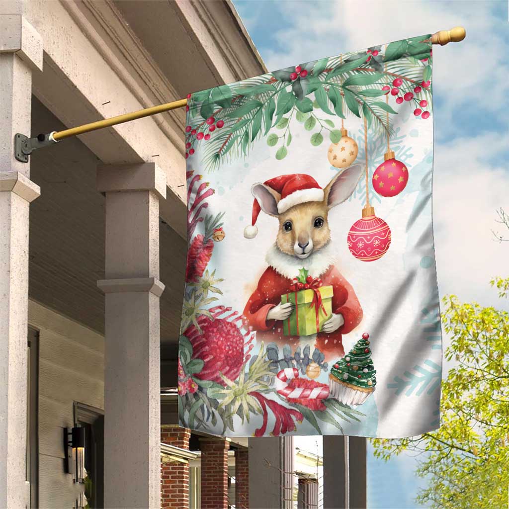 Australia Christmas Garden Flag Kangaroo Santa With Aussie Flower - Watercolor - Vibe Hoodie Shop